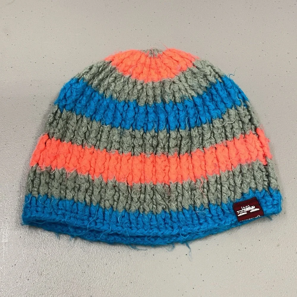 Spacecraft Neon Pink & Blue Stripe Fuzzy Yarn Chunky Knit Ski Beanie Unisex OSFA
